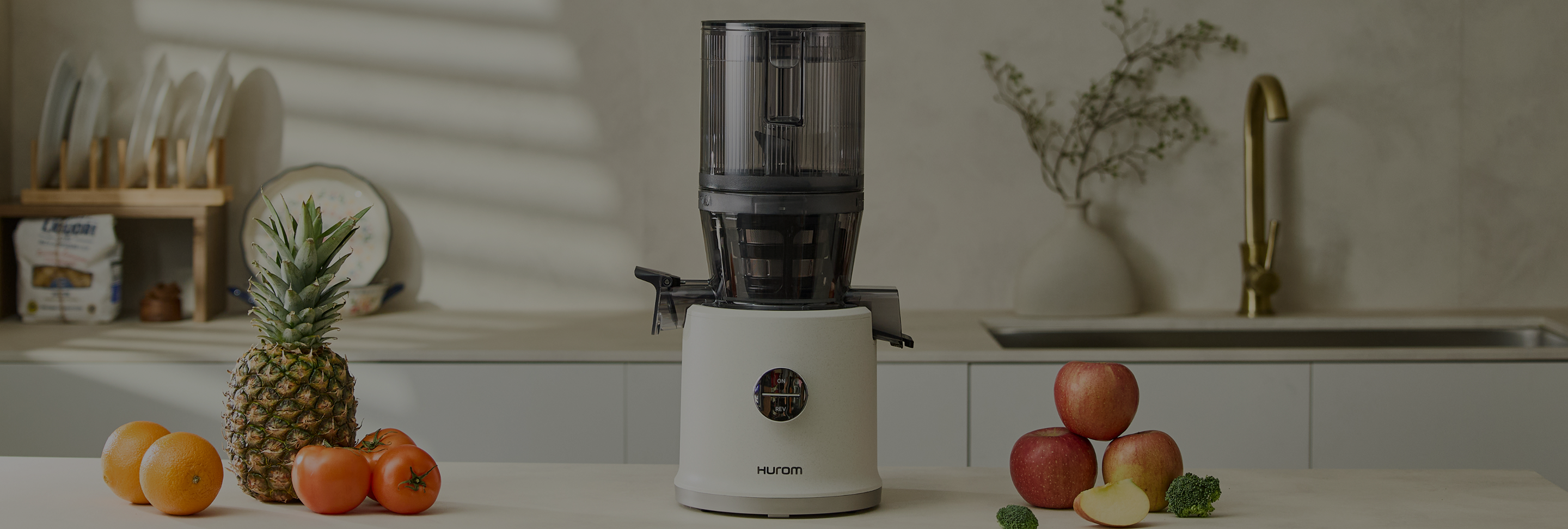 Hurom H80 Slow Juicer on a kitchen counter surrounded by fresh fruit